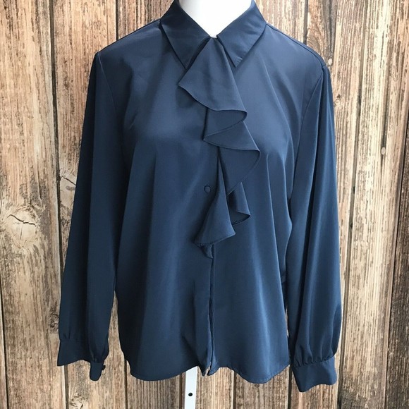 Collections Internationale Classy Button Up Ruffle Shirt ~ Sz 12 ~ Blue - Picture 2 of 4